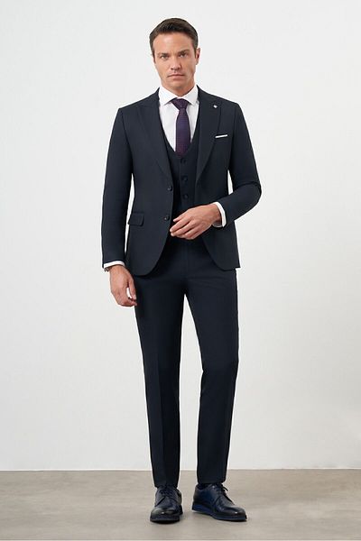 Morven Men's Slim Fit Navy Blue Suit - Polyviscon, Vest and Jacquard Pattern