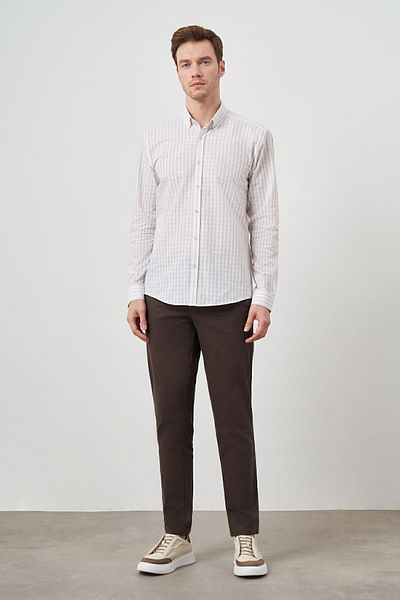 Morven Men's Beige Cotton Striped-Paneled Buttoned Collar Slim Fit Shirt