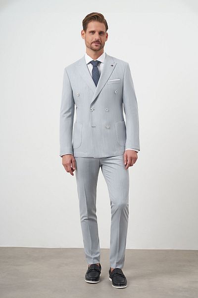 Morven Costum pentru bărbați, albastru Polyviscon Trend, la două piepturi, slim fit, cu guler ascuțit