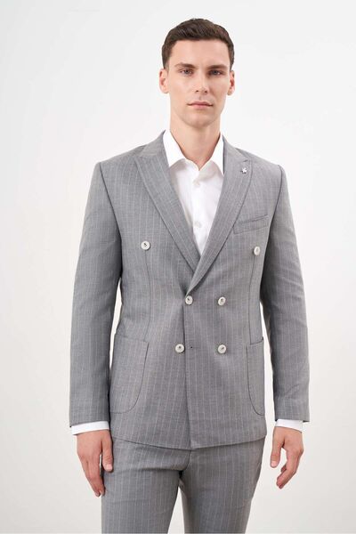 Morven Men's Gray Slim Fit Polyviscon Suit - Double Breasted Pointed Collar