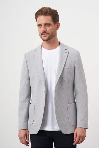 Morven Men's Gray Woven Seersucker Slim Fit Bag Pocket Mono Collar Sports Jacket