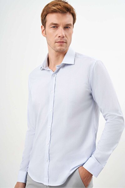 Morven Men's A. Blue Cotton Patterned Slim Fit Italian Collar Shirt