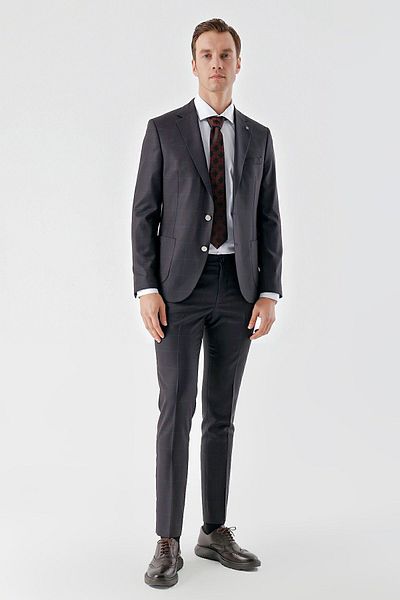 Morven Men's Plum Polyviscose Trend Plaid Slim Fit Mono Collar Suit