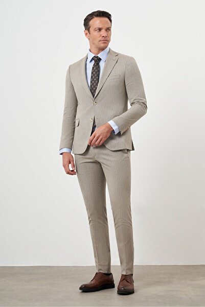 Morven Men's Slim Fit Mono Collar Striped Patterned Suit - BROWN Polyviscon Trend