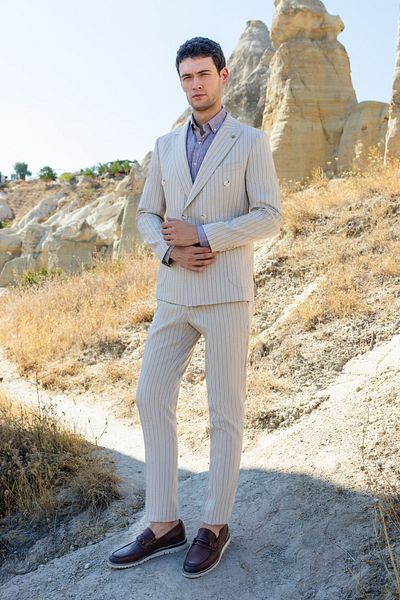 Morven Beige Slim Fit Linen Suit - Men's, Double Breasted Pointed Collar