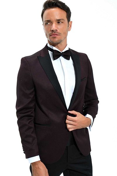 Morven Smoking Jacquard Slimfit Modena Burgundy închis pentru bărbați