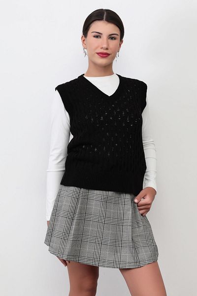 GİYSA Black Acrylic V-Neck Diamond Patterned Ribbed Women's Sweater - 1864