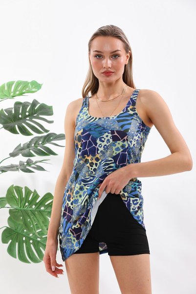 Mina Swimsuit with Gathering Skirt and Shorts, Mosaic Patterned, Digital Printed