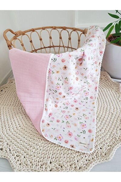 ilkimbebe Çiçekli Ponponlu Çift Kat Müslin Bebek Battaniye Müslin Örtü 85x90