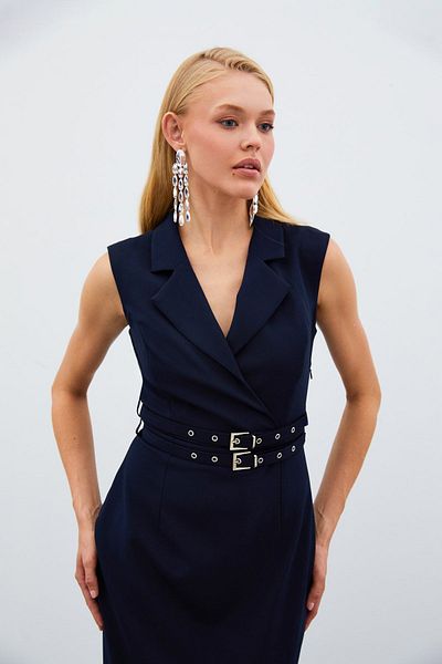 Sateen Rochie midi cu curea cu guler jachetă