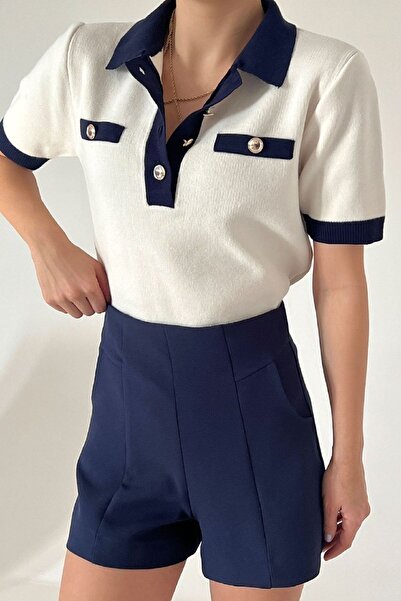 De Pose Γυναικείο πλεκτό με κοντό μανίκι εποχιακό πόλο λαιμόκοψη μπροστά με κουμπιά