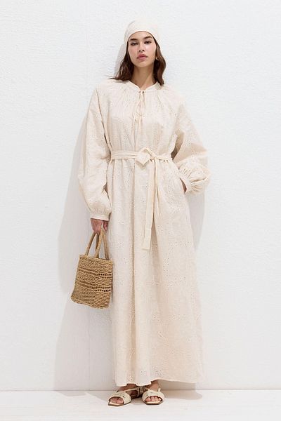 Manuka Ecrufarbenes, gefüttertes, kariertes Kleid
