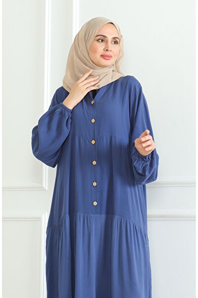 sefamerve Indigo Sleeve Elastic and Buttoned Dress - 0463-09