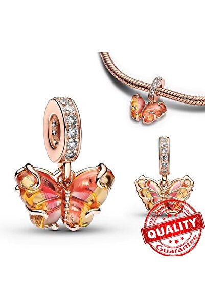 POSEİDONS JEWELLERY Pembe ve Sarı Murano Camı Tarz Kelebek Sallantılı Charm