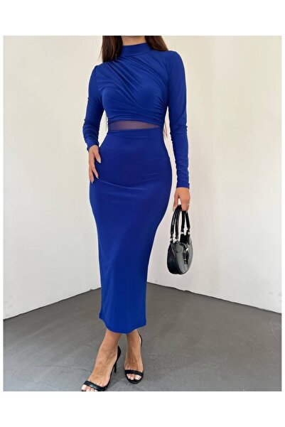 deqfashion Sandy Kumaş Büzgülü Dik Yaka Tul Detaylı Midi Boy Elbise