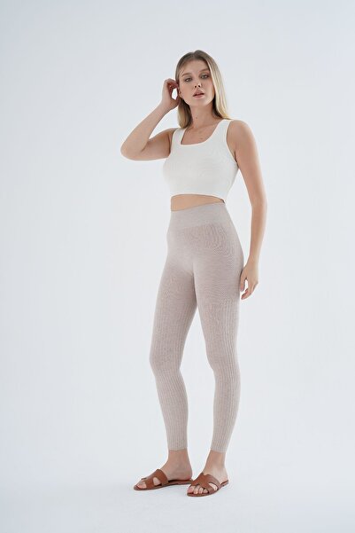 Trist Star Bej Saç Örgülü Fitilli Örme Pamuk Viscon Yün İçerikli Özel İplik Dikişsiz Triko Tayt TRIST-K-1975