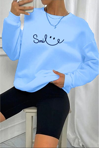 BOHEMGİYİM سويت شيرت نسائي كبير الحجم مطبوع عليه ابتسامة بيضاء