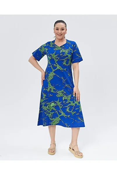 ÖNE BUTİK Women's Summer Plus Size Short Sleeve Square Collar Combed Cotton Dress Likapa