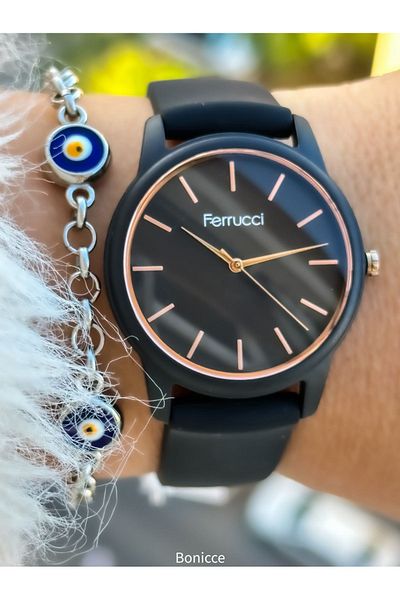Ferrucci Black Soft Silicone Cord Women's Wristwatch and Narz Beaded Bracelet