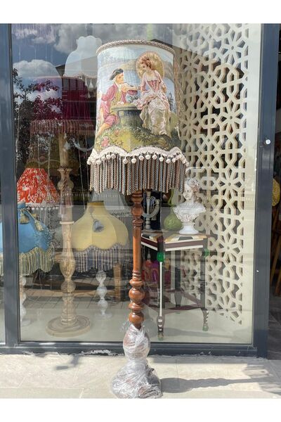 artsondekorasyon Dokuma Goblen Eşsiz Tasarımlı Lambader, Ahşap Ayaklı, Aydınlatma aksamı dahil. (178cm yükseklik)