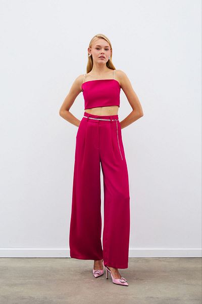 Sateen Stone Belted Satin Trousers - Coral