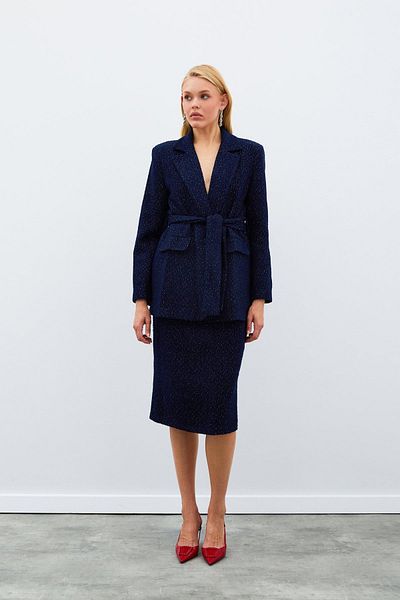 Sateen Midi Length Tweed Skirt - Navy Blue