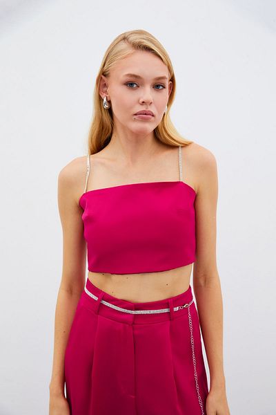 Sateen Satin Crop Blouse with Stone Straps - Coral