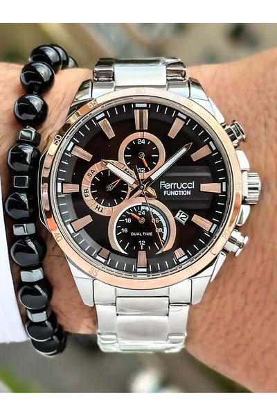 Ferrucci Functions Active Silver Color Steel Cord Waterproof Men's Wrist Watch Rosary Bracelet