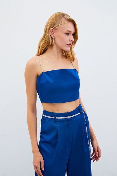 Sateen Satin Crop Blouse with Stone Straps - Blue
