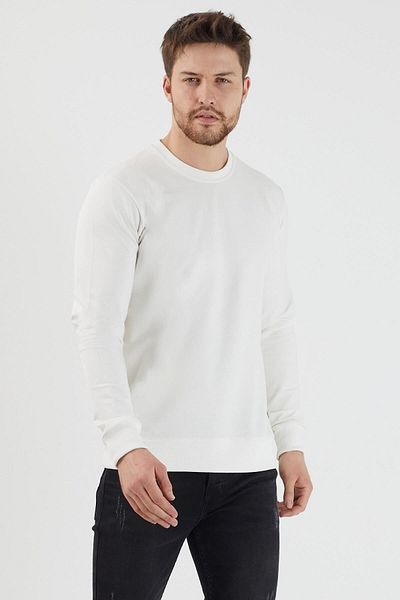 MRS CLOTHING Απλό ανδρικό λευκό φούτερ Basic Crew Neck Slim