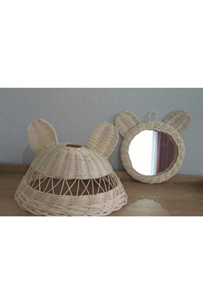 Veneris Home Çocuk Odası Avize Ve Ayna Seti, Rattan Bambu Hasır Avize, Tavşan Kulaklı Avize