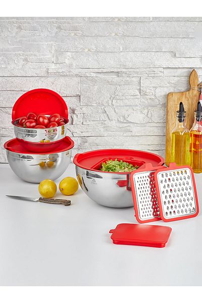 FALEZ 9 Pieces Red Steel Acacia Storage Container