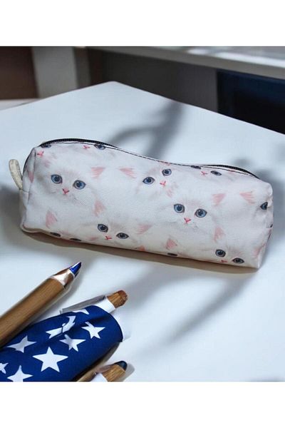Nostaljik Lezzetler School and Makeup Bag - White Cat Patterned Sweet Pen Holder