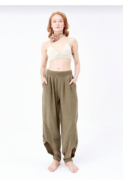 pier moda Bohemian Style Women's Shalwar Trousers - 100% Cotton Mesh Linen