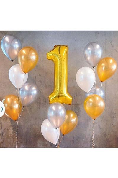 Çemrek Süs Parti Metallic Gold Silver White 1 Year Old Balloon Set 16 Pieces