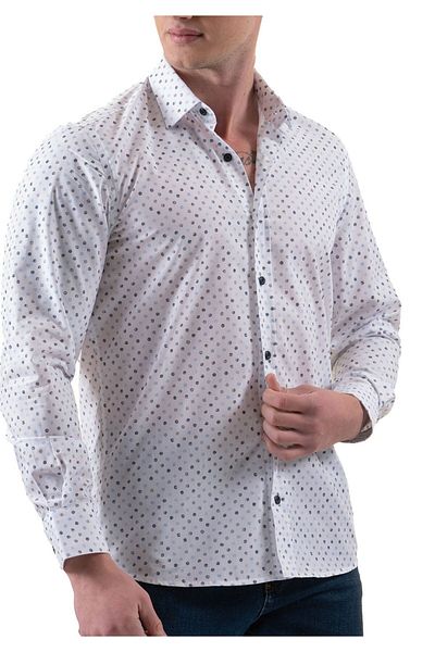 Exve Exclusive Blue Navy Blue Pattern on White Digital Printed Cotton Slim Fit Design Men's Shirt