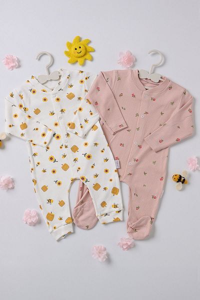 Nayinom Beige Baby Girl's Romper - Cotton, Bee Pattern, Snap Fastener, Double (Pack of 2)