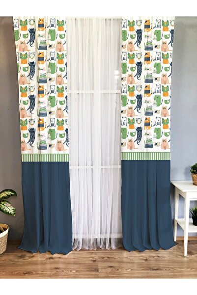 Evmila Kedi Desenli Bebek Ve Çocuk Odası Tek Kanat Fon Perde - Lacivert
