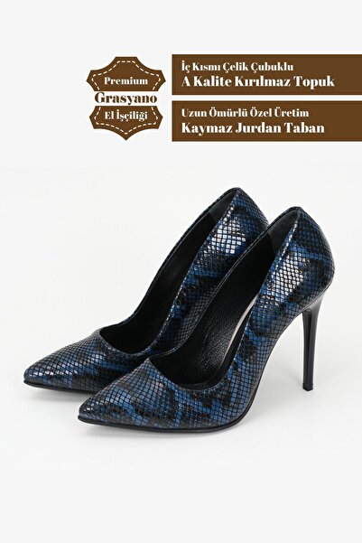 Grasyano %100 Hakiki Deri Mavi Yılan Desenli Siyah 1. Kalite El Yapımı Comfort Stiletto Topuklu Ayakkabı
