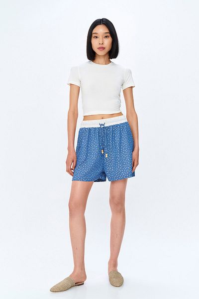 Quzu Pantaloni scurți de in albastru - cu model cu talie elastică