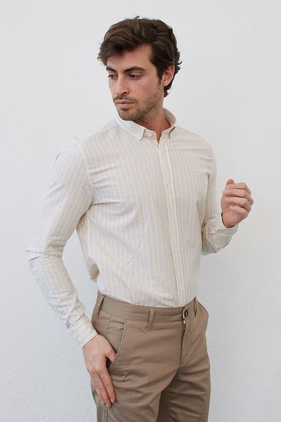 RAVANELLI Cămașă modernă pentru bărbați din bumbac cu dungi slim fit - guler cu mânecă lungă, cu nasturi