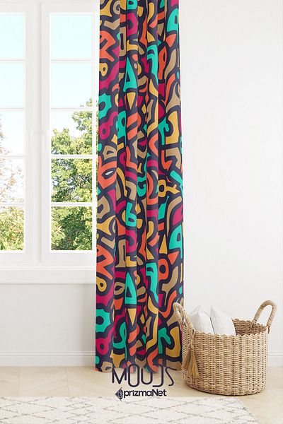 Moud's Single Wing - Colorful Shape Patterned Suede Background Curtain, Extrafor Drawstring Room
