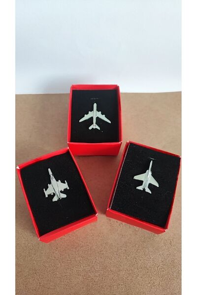 cacatasarım Uçak Yaka Rozeti 3 Adet Metal Gümüş Renk Özel Kutulu Pilot Hostes