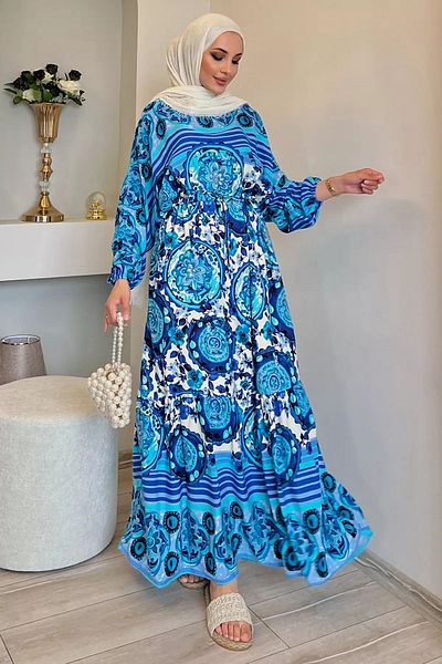 julude Rochie Hijab cu imprimeu din viscoză - mânecă liliac și cravată în talie