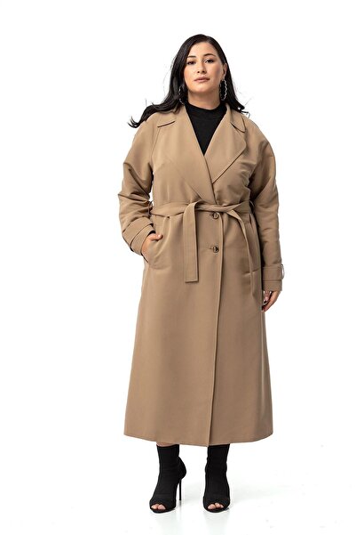 DISENTIS MODEST Büyük Beden Mono Yaka Kruvaze Kapamalı Yırtmaçlı Astarlı Uzun Vizon Trençkot