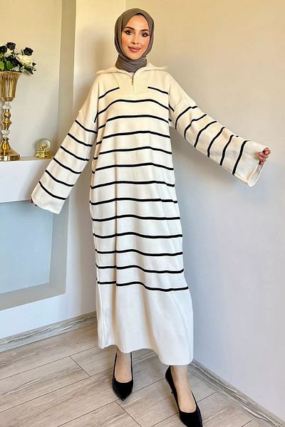 julude Hijab Knitwear Φόρεμα - Κρεμ, Ριγέ, Μπροστινό Φερμουάρ