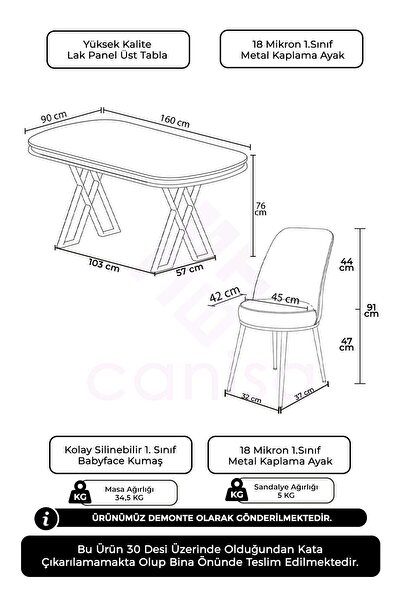 Canisa Lai Serisi 90x168 Lak Panel Beyaz Mermer Desen Krom Ayak Masa Takımı 6 Siyah Sandalye