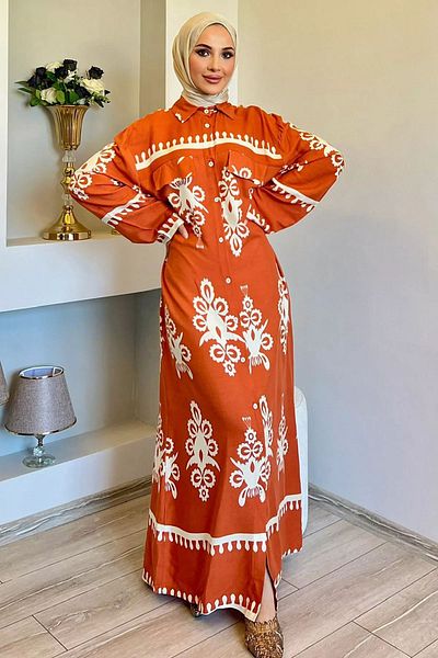 julude Φόρεμα Hijab Viscose - Μοτίβο με πλακάκια και κουμπιά με μήκος τσαγιού