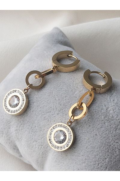 Siya Silver Zircon Stone Round Dangle Anti-Tarnish Steel Earrings