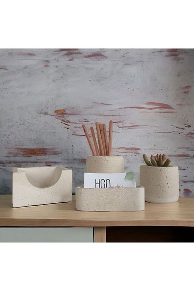 Hgo Atelier Sand Concrete 4 Piece Office Set Pen Holder-Business Card Holder-Flower Pot-Note Paper Holder